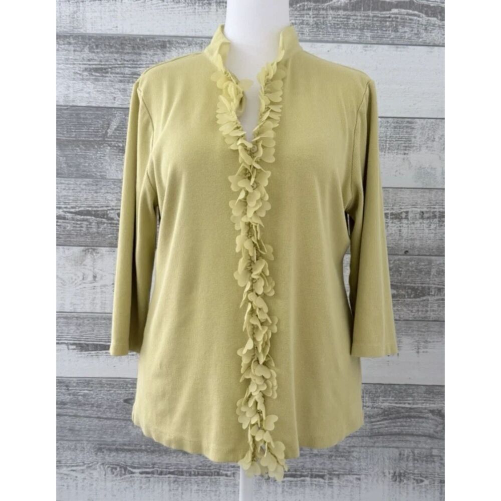 Soft Surroundings Shirt Women's 1X Yellow Ruffle Front 3/4 Sleeve Ribbed Button